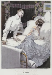 Man talking to a masked woman in bed, 1905